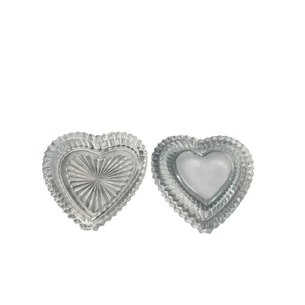 Vintage Heart Shaped Crystal‎ Glass Trinket Box Jewelry Box w/ Lid
